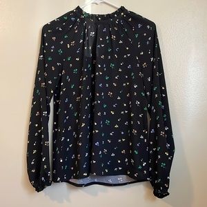 Ann Taylor ruffle trim keyhole floral blouse
